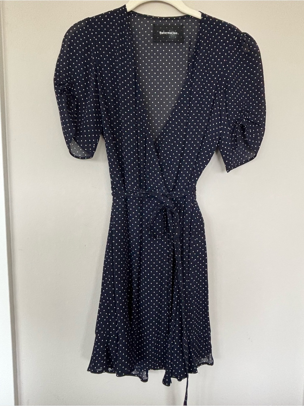 Reformation Navy and White Polka Dot Wrap Dress